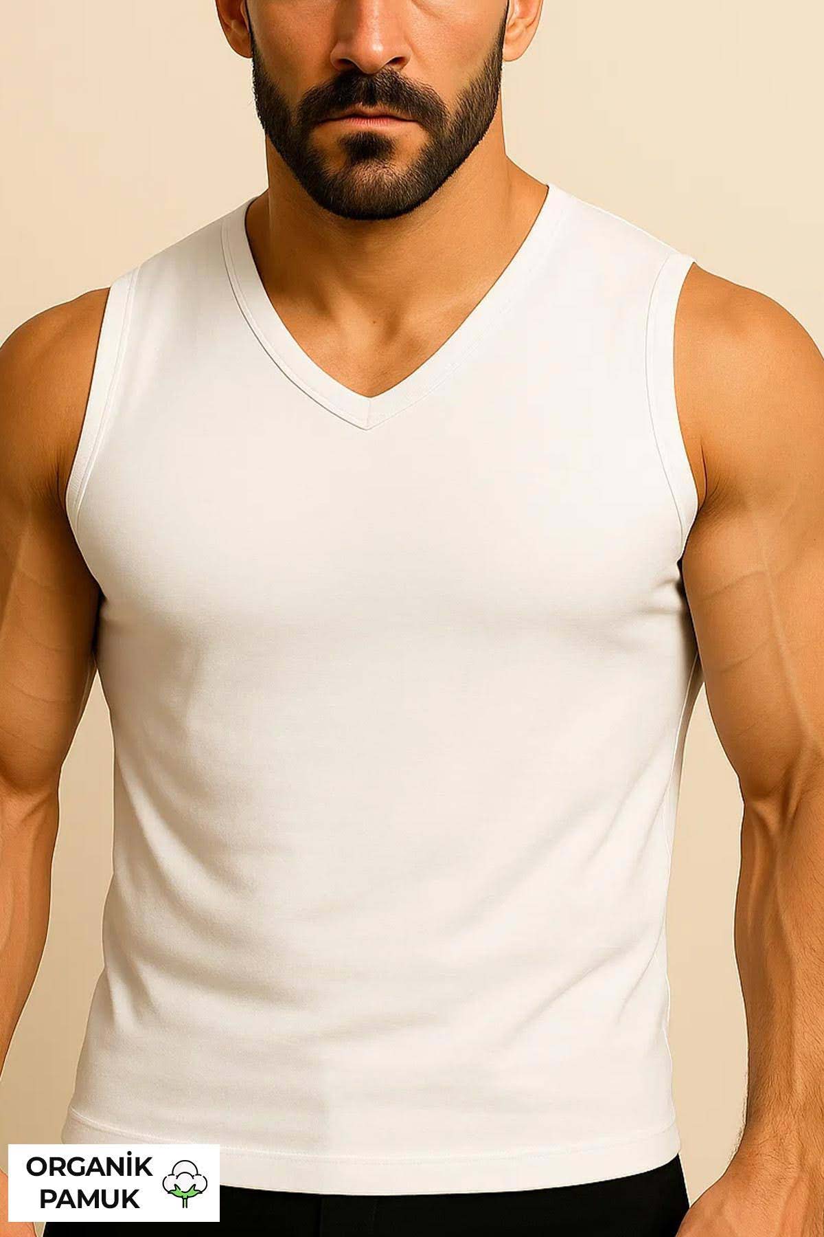 Mısırlı Erkek Sporcu Atlet V Yaka Kolsuz Organik Pamuklu - Thumbnail