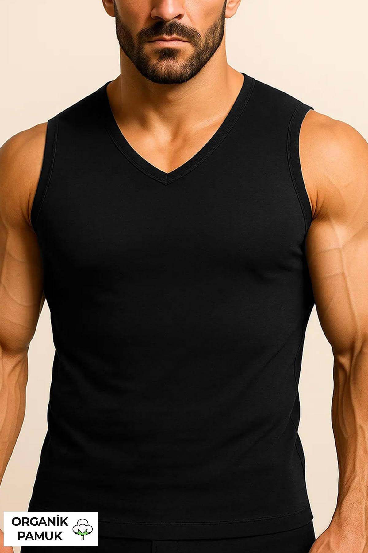 Mısırlı Erkek Sporcu Atlet V Yaka Kolsuz Organik Pamuklu - Thumbnail