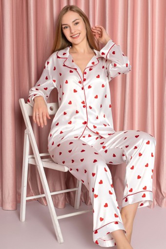 NBB - Nbb Kadın Pijama Takımı Gömlek Yaka Saten Kalp Desenli