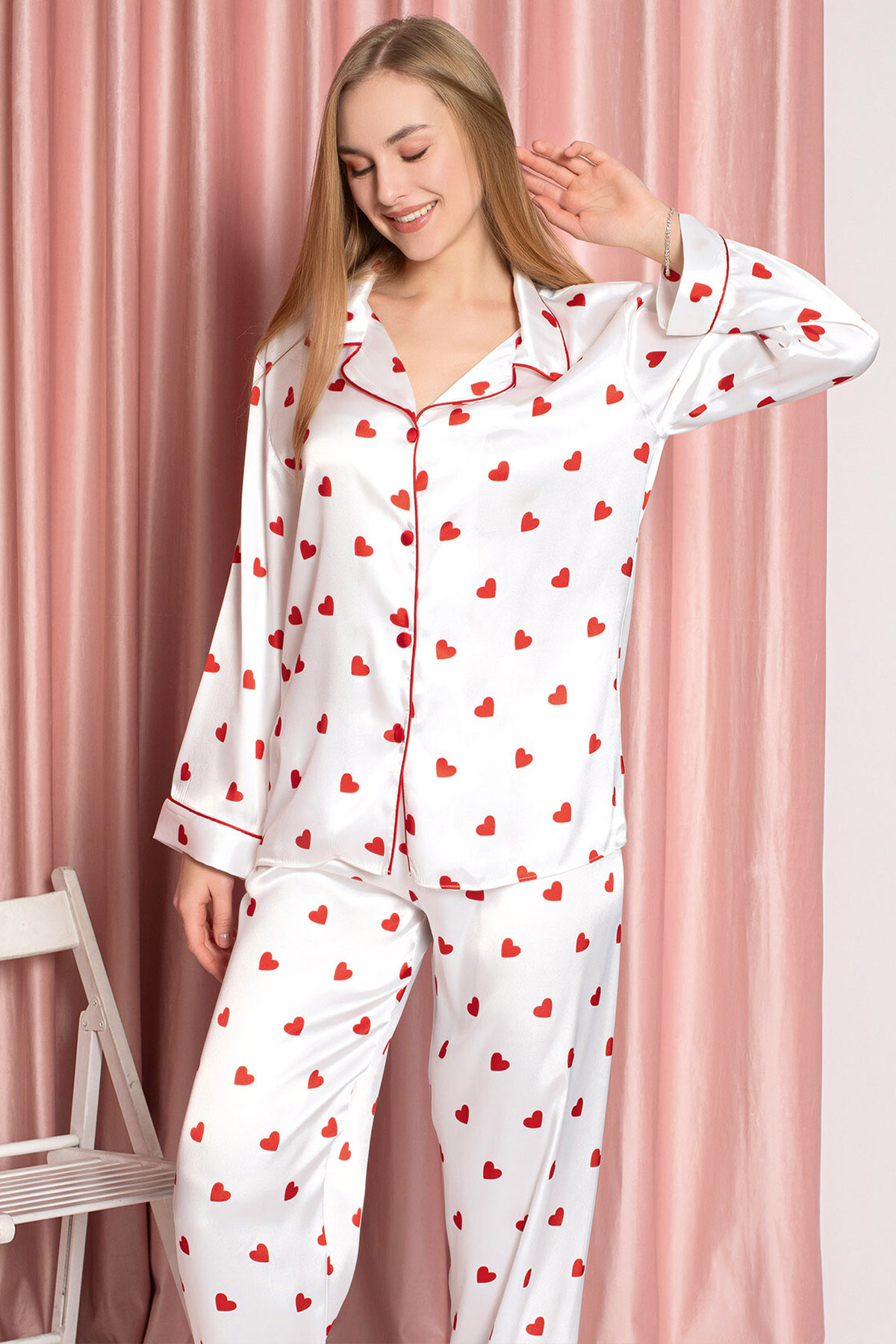 Nbb Kadın Pijama Takımı Gömlek Yaka Saten Kalp Desenli - Thumbnail