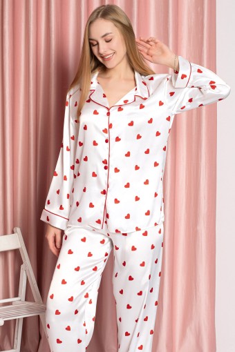 NBB - Nbb Kadın Pijama Takımı Gömlek Yaka Saten Kalp Desenli (1)