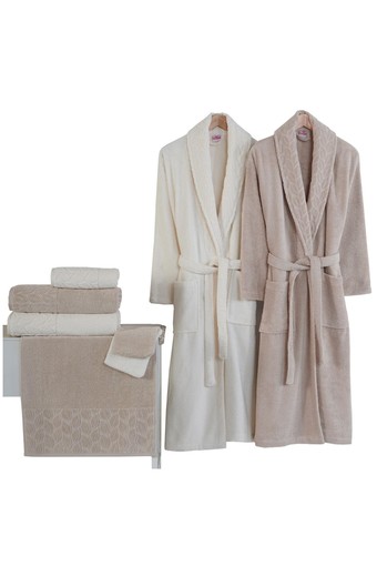 NURPAK - Nurpak Aile Bornoz Seti Hazal Jakarlı Kısmi Kadife 8 Parça