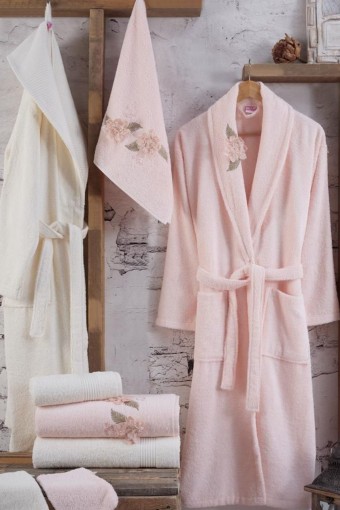 NURPAK - Nurpak Unisex Yetişkin Aile Bornoz Seti Pamir Lüks Nakışlı 8 Parça