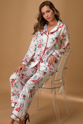 NURTEKS - Nurteks Kadın Gömlek Pijama Takımı Saten Çiçekli - Ekru - 2XL