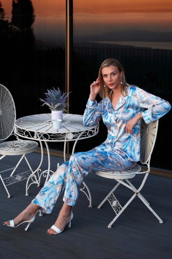 NURTEKS - Nurteks Kadın Gömlek Pijama Takımı Saten Çiçekli - Mavi - 3XL (1)
