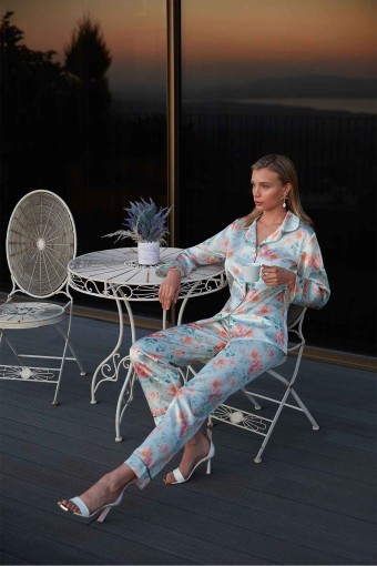 NURTEKS - Nurteks Kadın Gömlek Pijama Takımı Saten Çiçekli - Mint Yeşili - M (1)