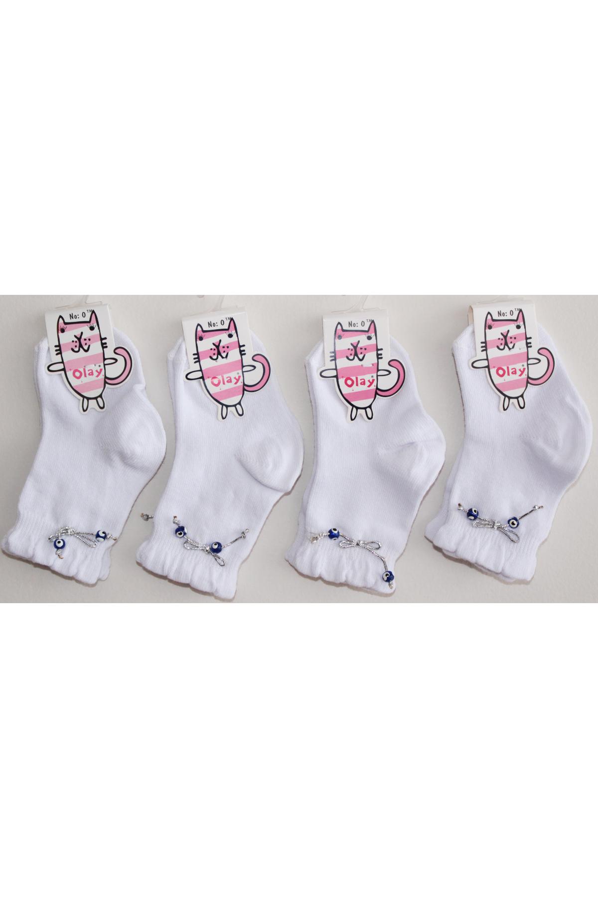 Olay Kız Bebek Çorap Nazar Boncuklu Simli Fiyonklu - Thumbnail