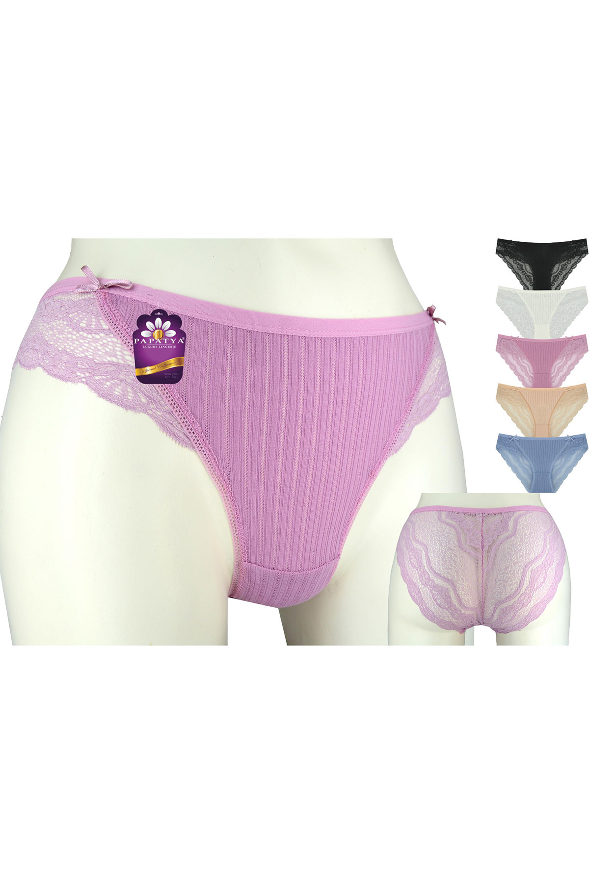 Papatya Kadın Bikini Külot Ön Orta Çizgili Ribana Yan Arka Bant - Thumbnail