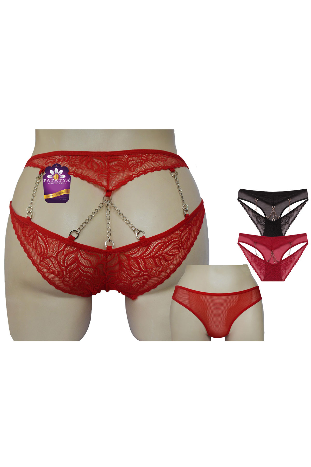 Papatya Kadın Bikini Külot Ön Tül Arka Bant Ortası Zincirli - Thumbnail