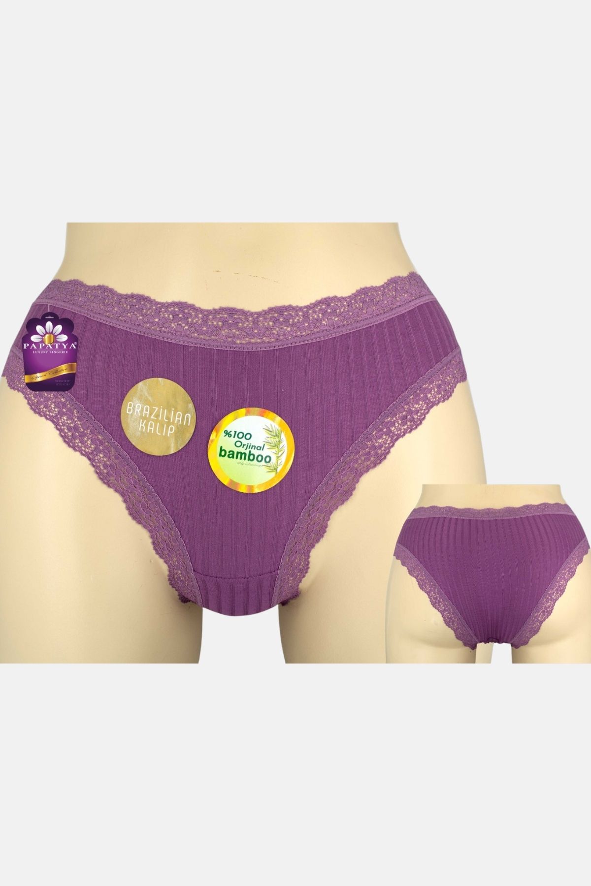 Papatya Kadın Brezilian Külot Komple Raporlu Bambu Bel Paça Dantel - Thumbnail
