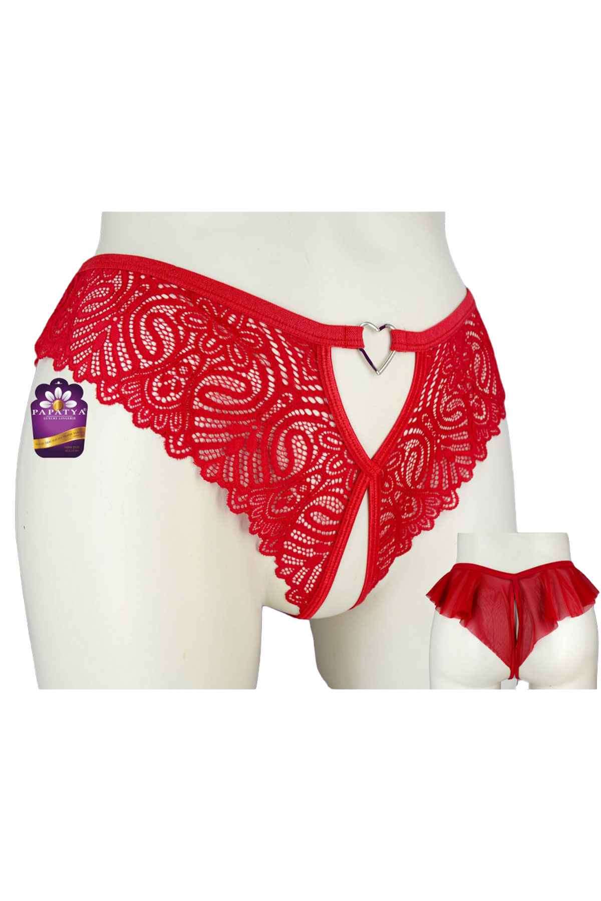 Papatya Kadın Tanga Külot Arka Bant Kalp Aksesuarlı Ön Tül - Thumbnail