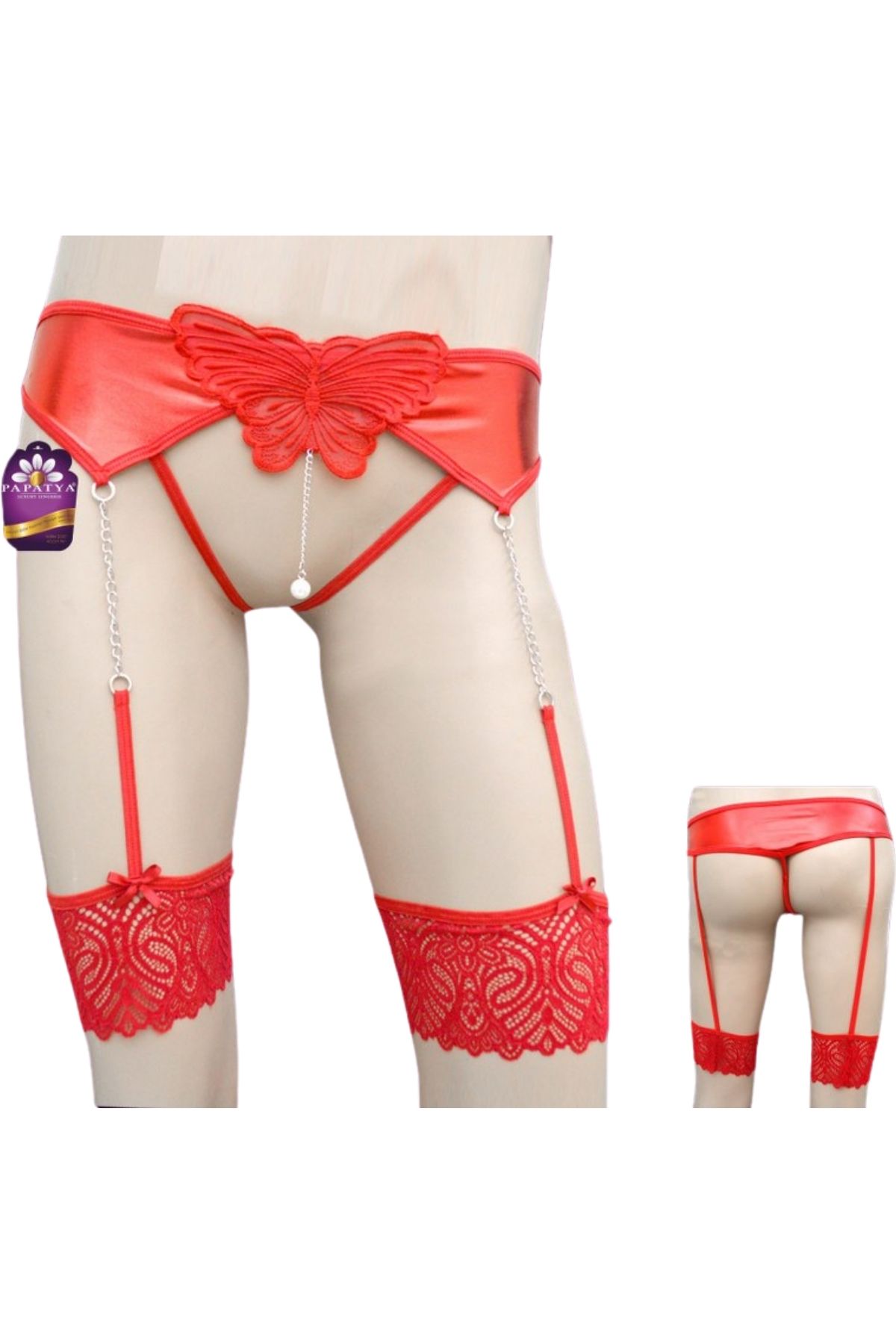 Papatya Kadın Tanga Külot Jartiyer Ortası Kelebek Önü Açık - Thumbnail