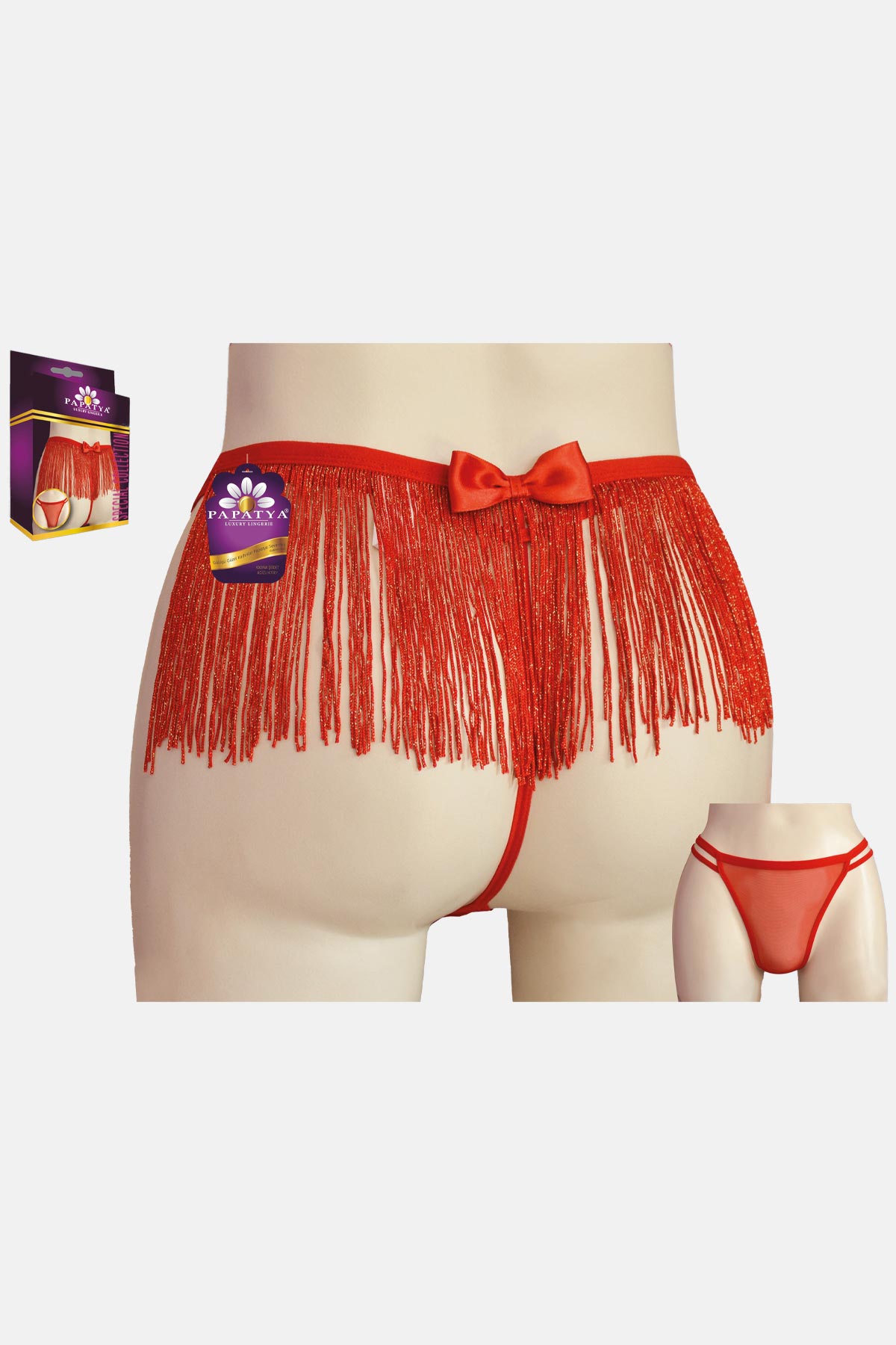 Papatya Kadın Tanga Külot Ön Tül Arkası Simli Püsküllü - Thumbnail