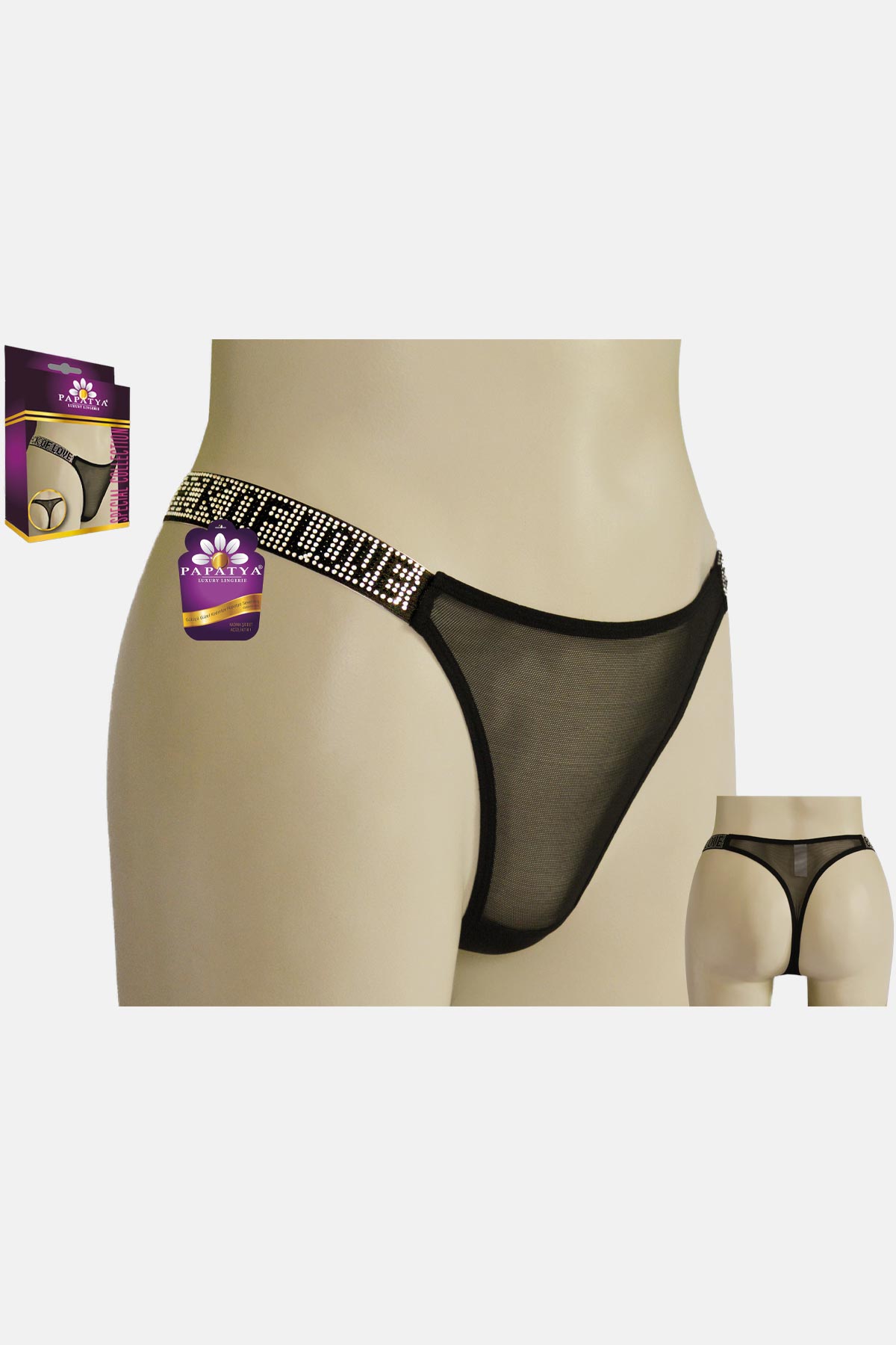Papatya Kadın Tanga Külot Tül Yanları Taşlı - Thumbnail