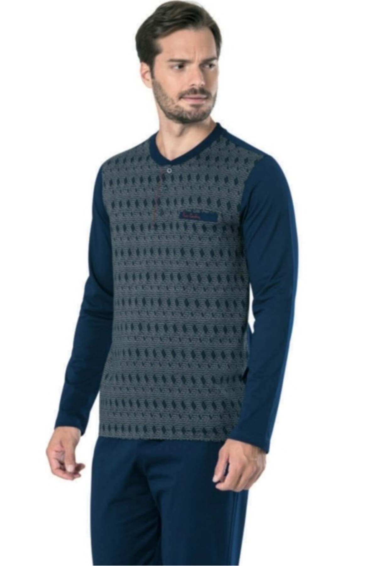 Pierre Cardin Erkek Çeyizlik Pijama Takımı 3 Düğmeli Jakar Dokumalı Pamuklu - Thumbnail