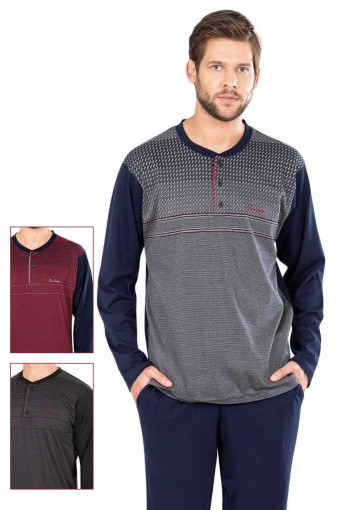 PİERRE CARDİN-PENTEKS - Pierre Cardin Erkek Pijama Takımı Uzun Kollu Jakarlı Yakası Düğmeli