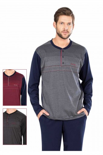 PİERRE CARDİN-PENTEKS - Pierre Cardin Erkek Pijama Takımı Uzun Kollu Jakarlı Yakası Düğmeli (1)