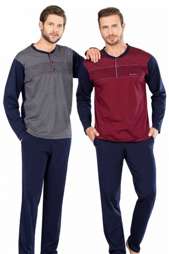 PİERRE CARDİN-PENTEKS - Pierre Cardin Erkek Pijama Takımı Uzun Kollu Jakarlı Yakası Düğmeli (1)