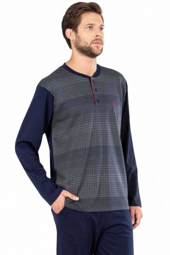 PİERRE CARDİN-PENTEKS - Pierre Cardin Erkek Pijama Takımı Uzun Kollu Jakarlı Yakası Düğmeli (1)