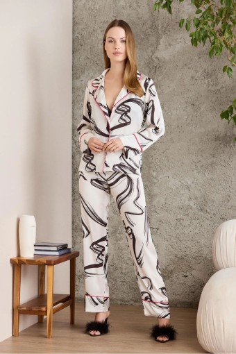 PİERRE CARDİN-JALE - Pierre Cardin Kadın Boydan Düğmeli Saten Pijama Takımı