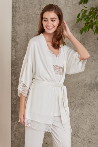 PİERRE CARDİN-JALE - Pierre Cardin Kadın Dantelli Penye 3'lü Pijama Takımı - Ekru - XL