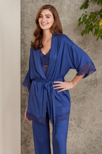 PİERRE CARDİN-JALE - Pierre Cardin Kadın Dantelli Penye 3'lü Pijama Takımı - Lacivert - S