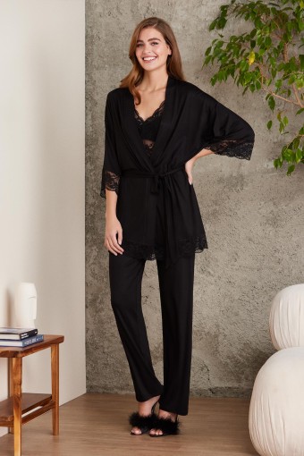 PİERRE CARDİN-JALE - Pierre Cardin Kadın Dantelli Penye 3'lü Pijama Takımı - Siyah - 3XL