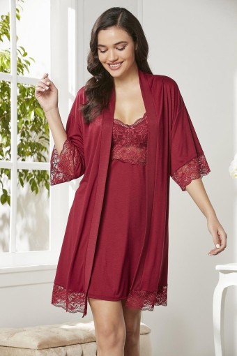 PİERRE CARDİN-JALE - Pierre Cardin Kadın Fantezi Gecelik Sabahlık 2'li Takım Penye - Bordo - 3XL
