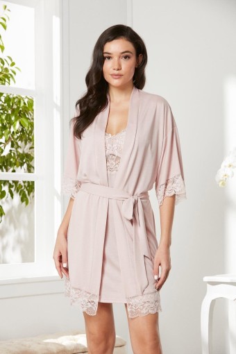 PİERRE CARDİN-JALE - Pierre Cardin Kadın Fantezi Gecelik Sabahlık 2'li Takım Penye - Pudra - S