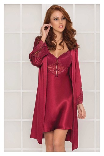 PİERRE CARDİN-JALE - Pierre Cardin Kadın Fantezi Gecelik Sabahlık Takım Dantelli Fiyonklu Saten