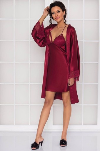 PİERRE CARDİN-JALE - Pierre Cardin Kadın Fantezi Gecelik Sabahlık Takım Güpürlü Kısa Saten