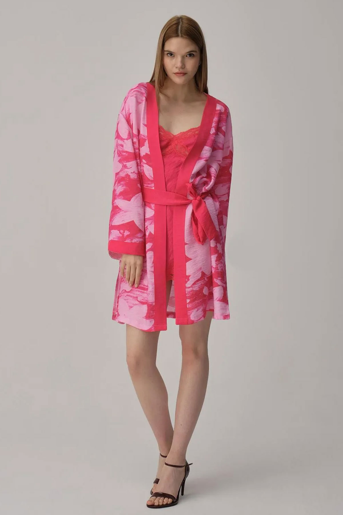 Pierre Cardin Kadın Fantezi Gecelik Sabahlık Takım İpek Saten Desenli - Thumbnail