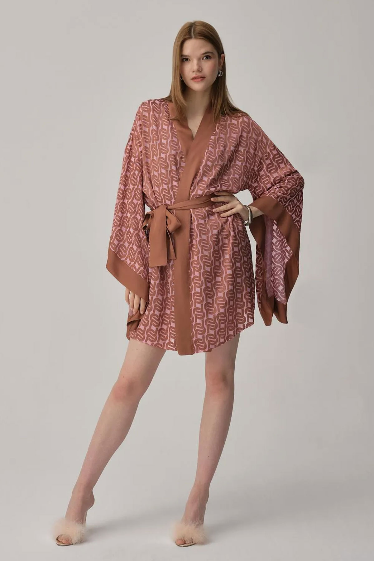 Pierre Cardin Kadın Fantezi Gecelik Sabahlık Takım İpek Saten Desenli - Thumbnail