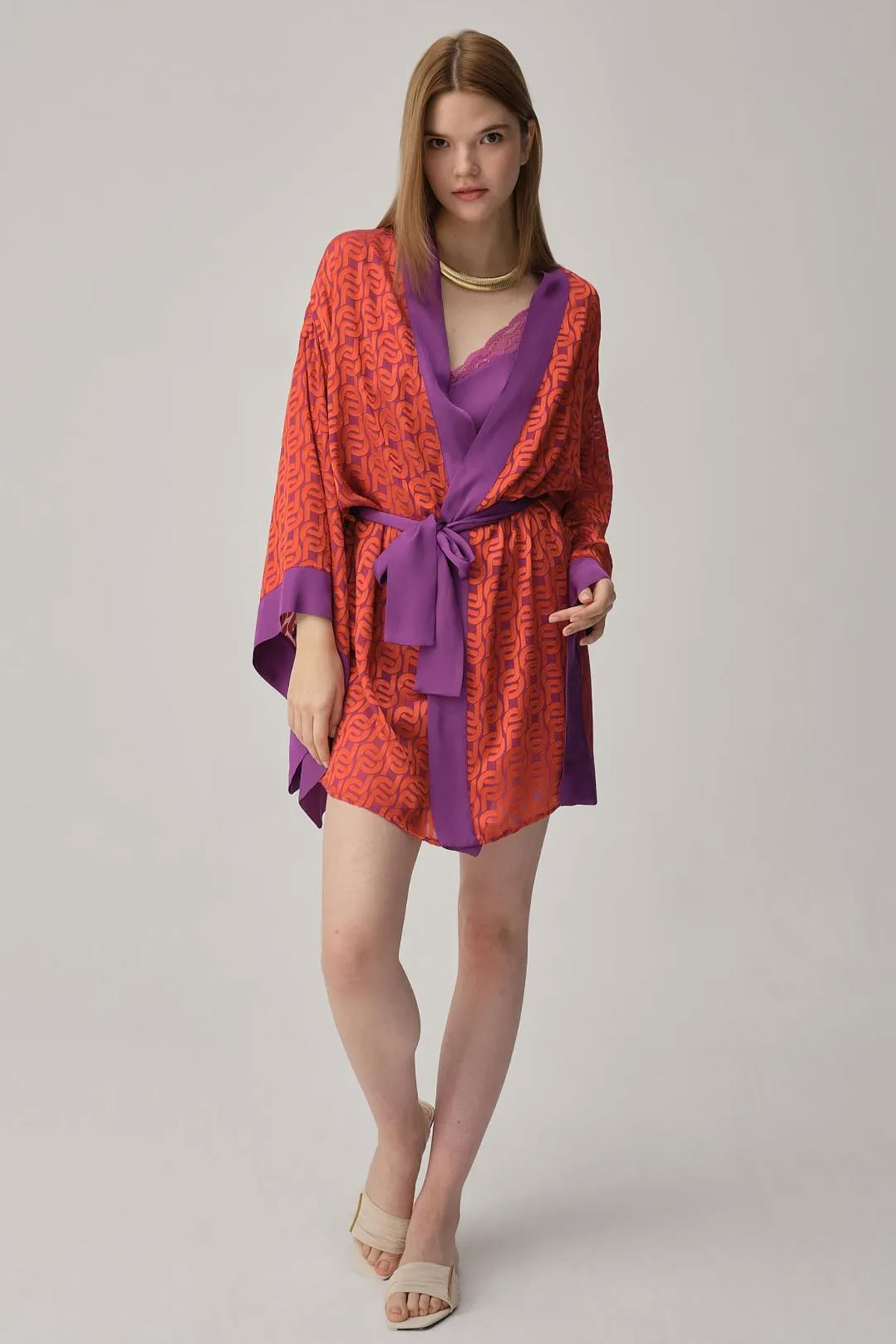 Pierre Cardin Kadın Fantezi Gecelik Sabahlık Takım İpek Saten Desenli - Thumbnail