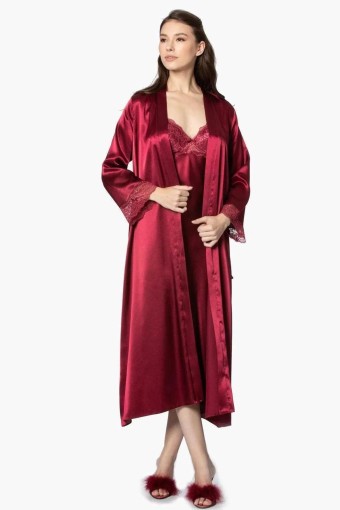 PİERRE CARDİN-JALE - Pierre Cardin Kadın Fantezi Gecelik Sabahlık Takım Kaplı Dantelli Saten (1)