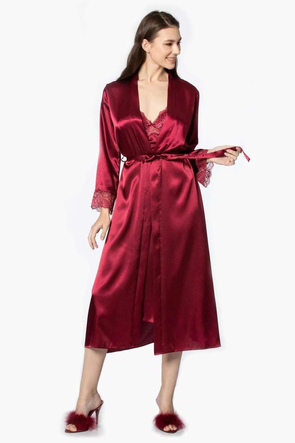 Pierre Cardin Kadın Fantezi Gecelik Sabahlık Takım Kaplı Dantelli Saten - Thumbnail