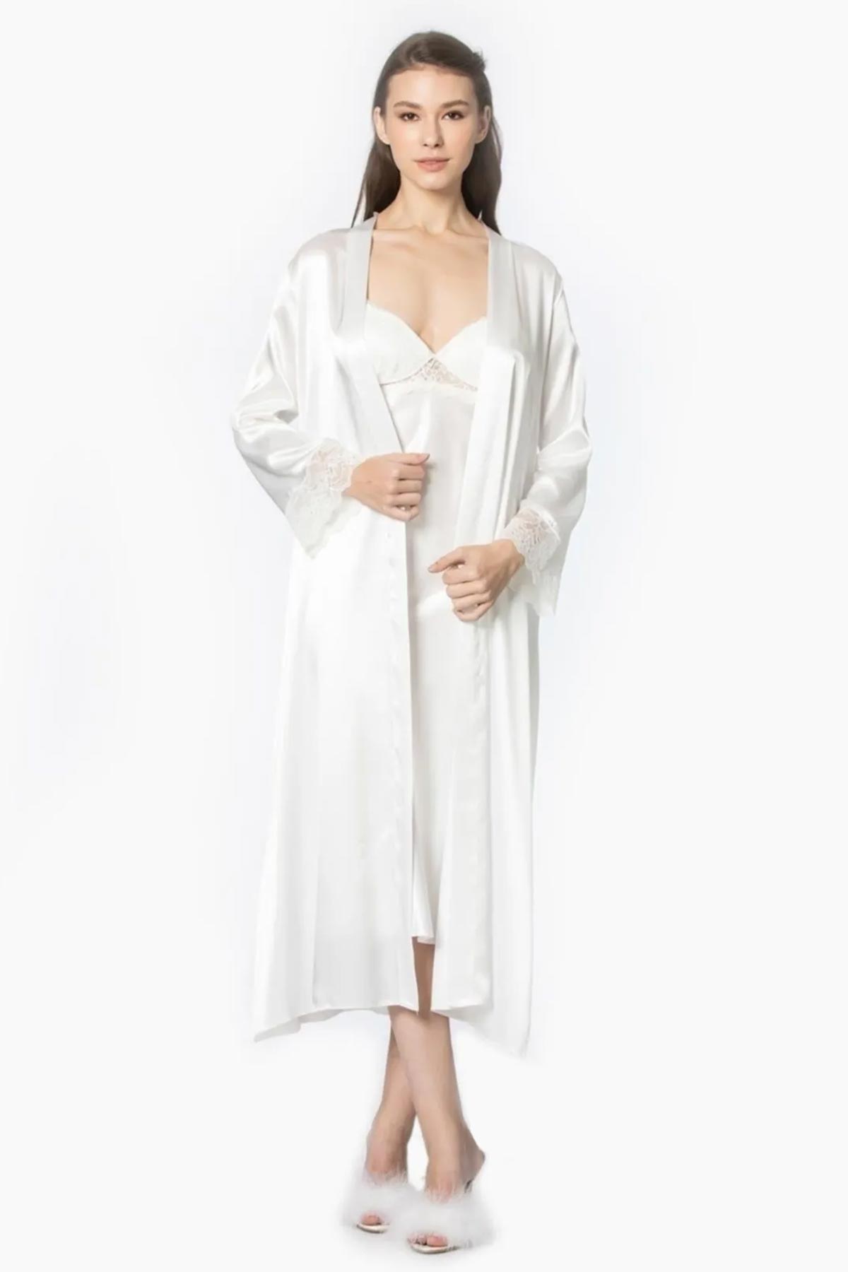 Pierre Cardin Kadın Fantezi Gecelik Sabahlık Takım Kaplı Dantelli Saten - Thumbnail