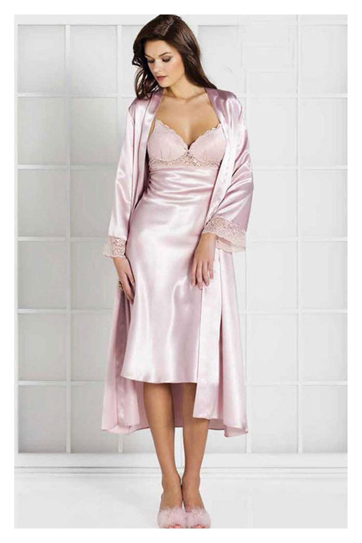 Pierre Cardin Kadın Fantezi Gecelik Sabahlık Takım Kaplı Dantelli Saten - Thumbnail