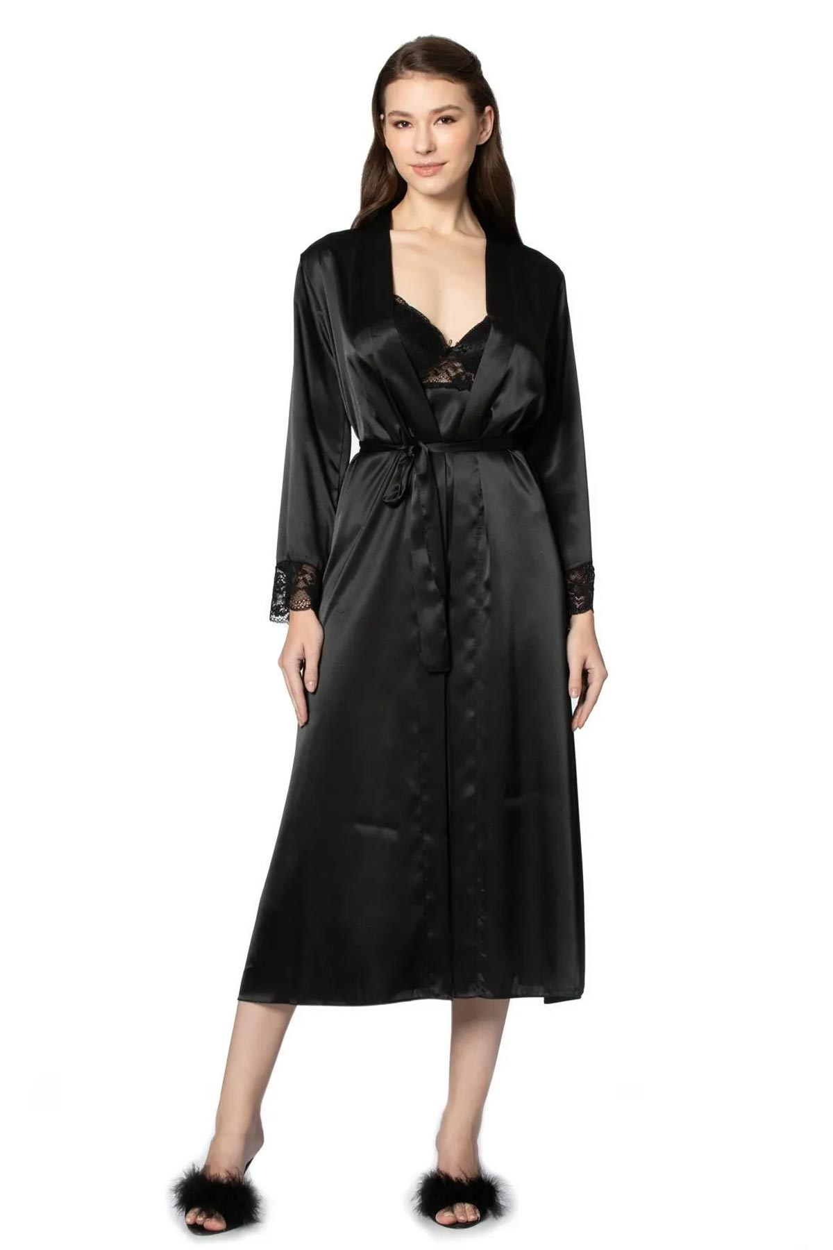 Pierre Cardin Kadın Fantezi Gecelik Sabahlık Takım Kaplı Dantelli Saten - Thumbnail