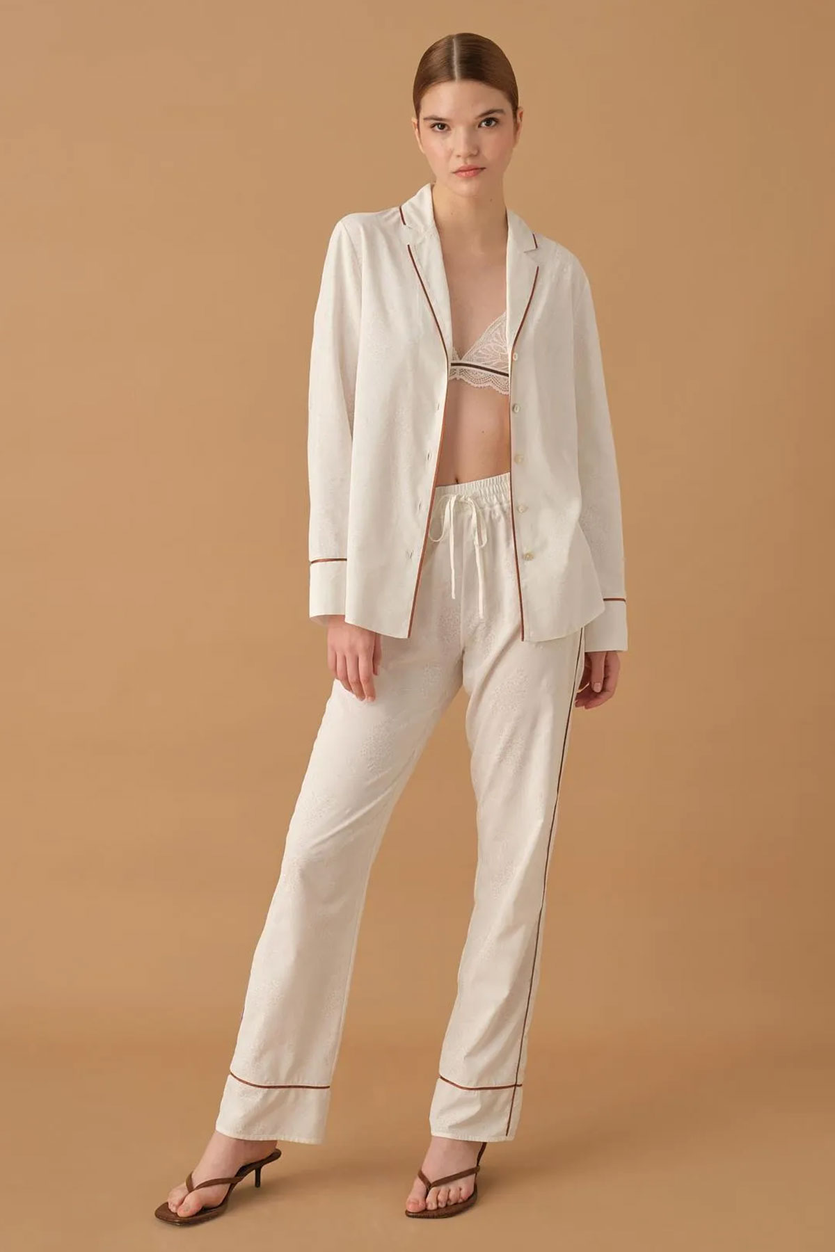 Pierre Cardin Kadın Gömlek Yaka 3'lü Pijama Takımı Büstiyerli Dantelli - Thumbnail