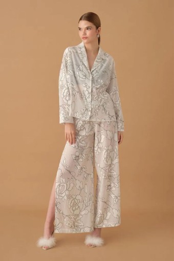 PİERRE CARDİN-JALE PREMİUM - Pierre Cardin Kadın Gömlek Yaka 3'lü Pijama Takımı Büstiyerli Dantelli Alt Yırtmaçlı