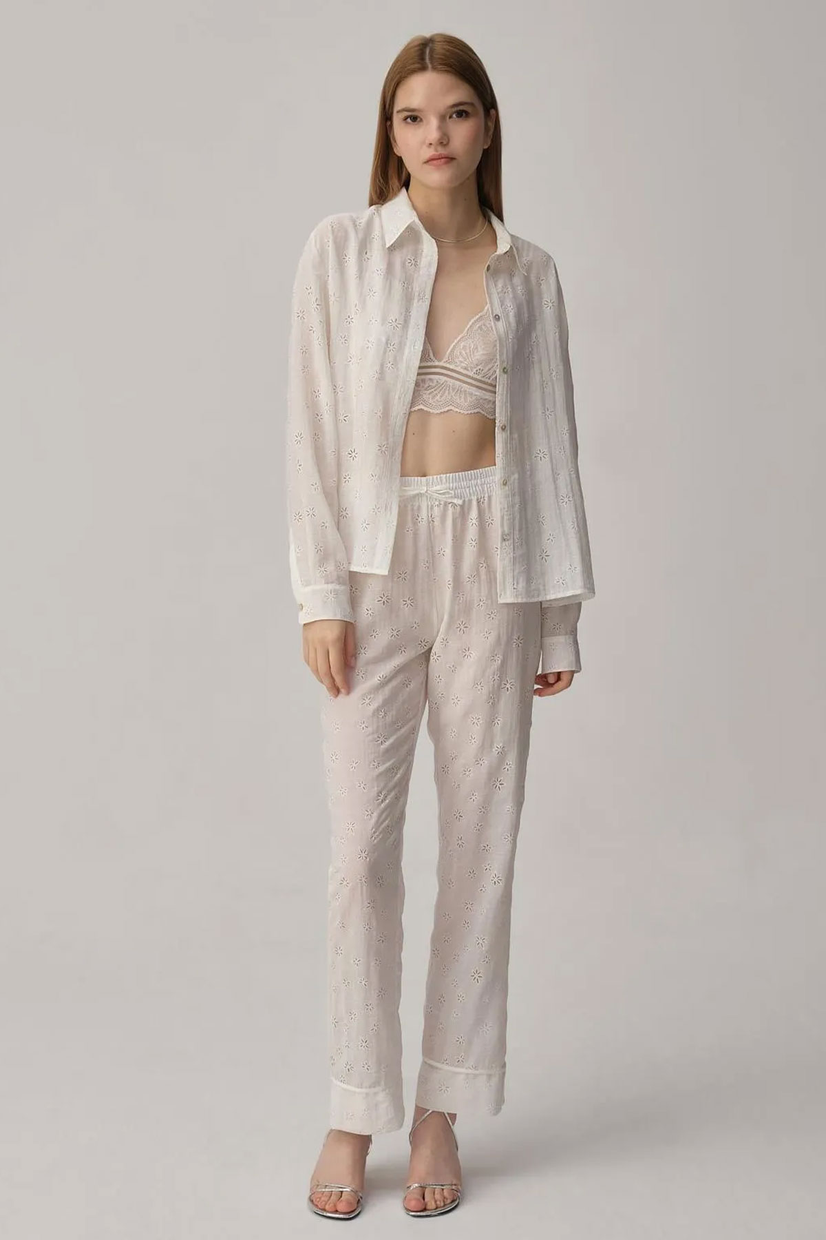 Pierre Cardin Kadın Gömlek Yaka 3'lü Pijama Takımı Büstiyerli Dantelli - Thumbnail