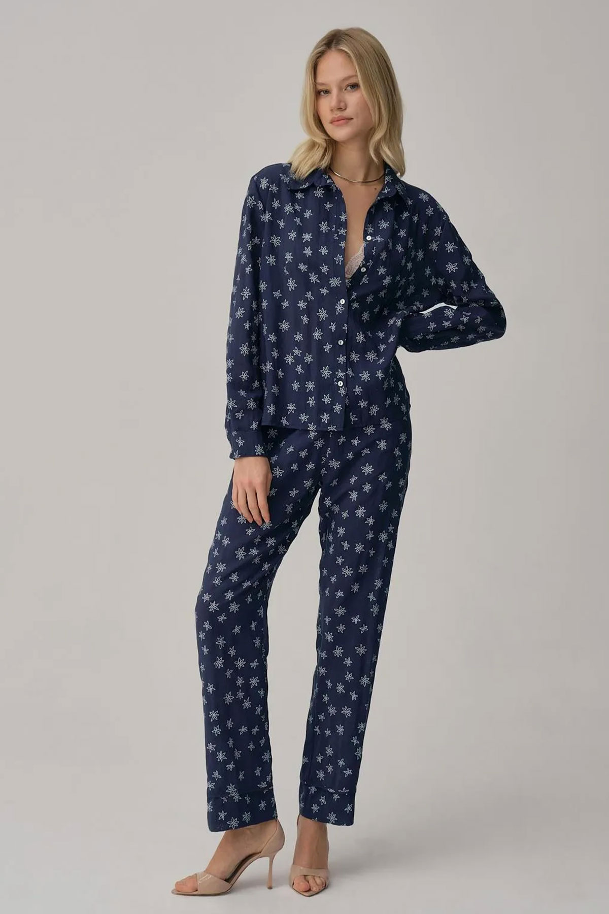 Pierre Cardin Kadın Gömlek Yaka 3'lü Pijama Takımı Büstiyerli Dantelli - Thumbnail