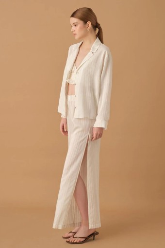 PİERRE CARDİN-JALE PREMİUM - Pierre Cardin Kadın Gömlek Yaka 3'lü Pijama Takımı Keten Büstiyerli Altı Yırtmaçlı