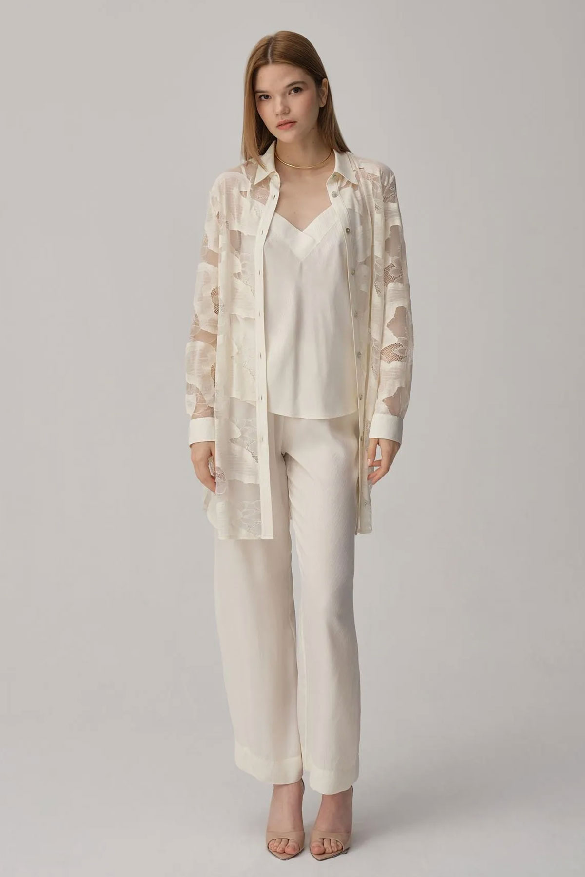 Pierre Cardin Kadın Gömlek Yaka 3'lü Pijama Takımı Transparan İp Askılı - Thumbnail