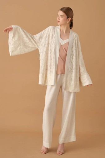 PİERRE CARDİN-JALE PREMİUM - Pierre Cardin Kadın Kimonolu 3'lü Pijama Takımı Keten İp Askılı (1)