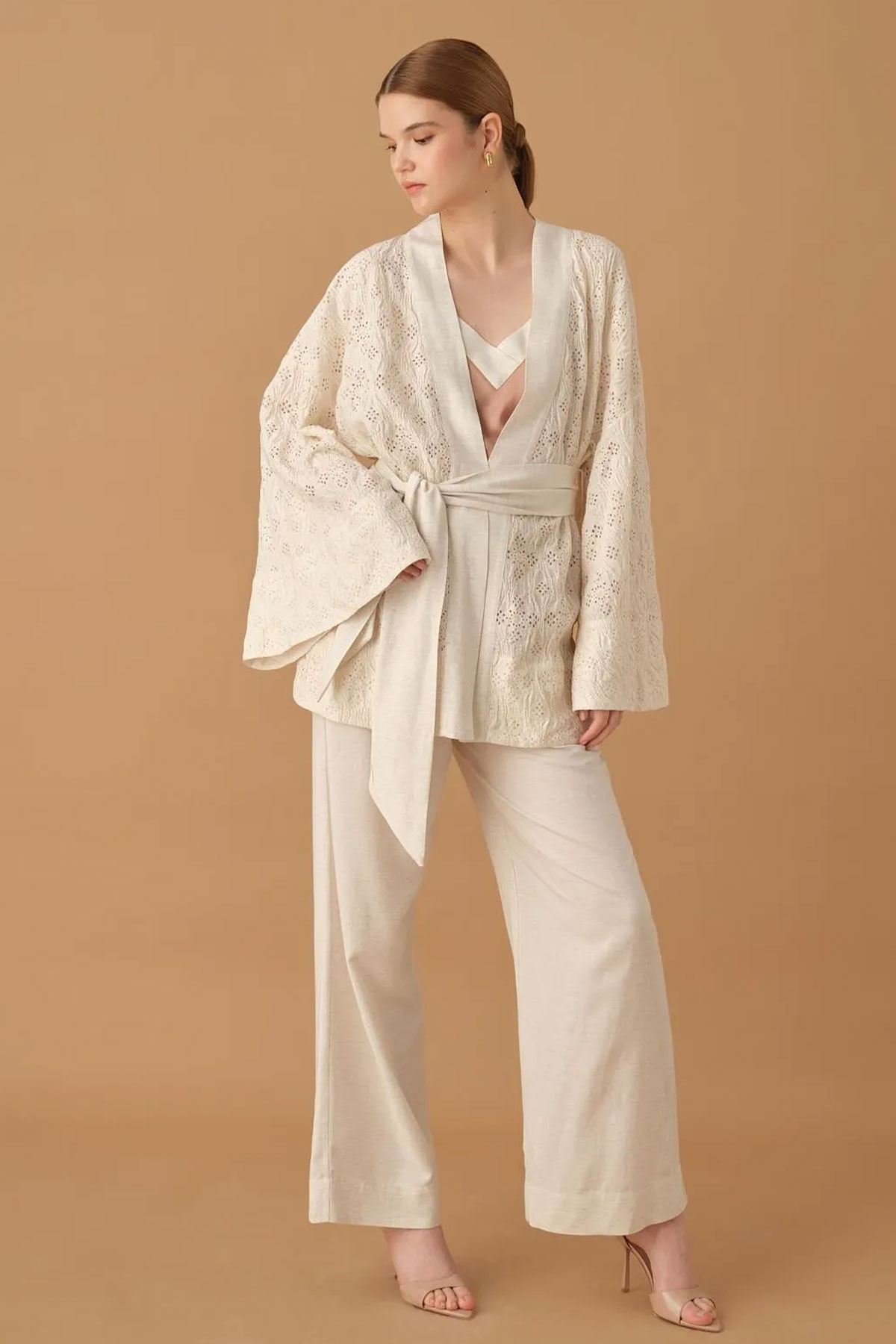 Pierre Cardin Kadın Kimonolu 3'lü Pijama Takımı Keten İp Askılı - Thumbnail