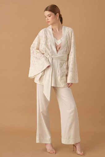 PİERRE CARDİN-JALE PREMİUM - Pierre Cardin Kadın Kimonolu 3'lü Pijama Takımı Keten İp Askılı (1)