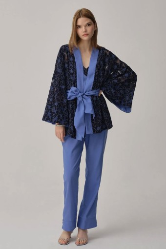 PİERRE CARDİN-JALE PREMİUM - Pierre Cardin Kadın Kimonolu 3'lü Pijama Takımı Transparan İp Askılı