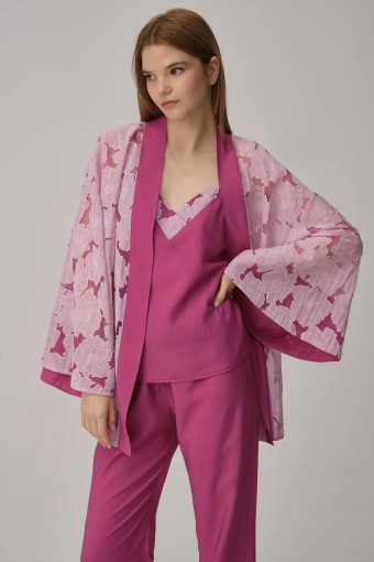 PİERRE CARDİN-JALE PREMİUM - Pierre Cardin Kadın Kimonolu 3'lü Pijama Takımı Transparan İp Askılı